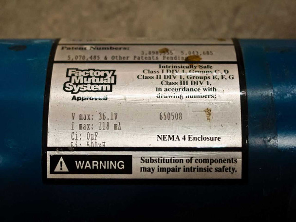 MTS Level Plus A910750172 label showing Factory Mutual intrinsically safe approval, NEMA 4 enclosure rating, V max 36.1V, I max 118 mA, and hazardous location classifications