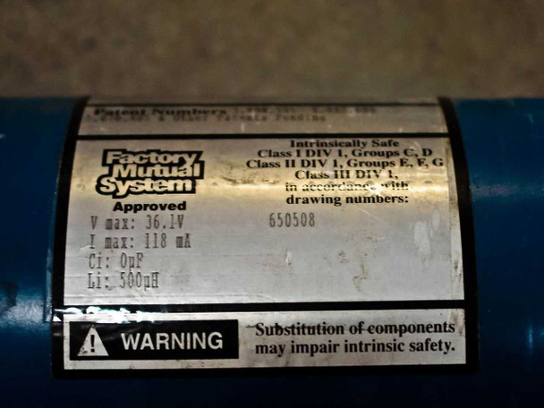 MTS A910410172 Factory Mutual approval label — intrinsically safe Class I/II/III Div 1, V max 36.1V, I max 118mA, drawing 650508