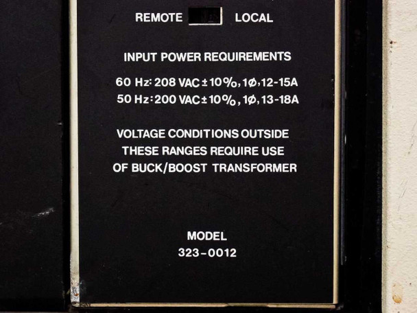 Varian 323-0012 rear power specification label — shows model 323-0012, 208 VAC 1-phase 60 Hz 12-15A, 200 VAC 50 Hz 13-18A input requirements