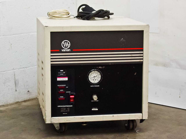 Varian 323-0012 Cryocompressor 2.1 — front panel view showing supply pressure gauge, status indicators, and Varian logo on wheeled cabinet