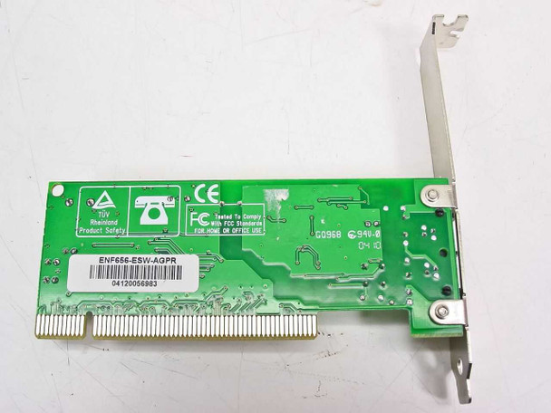Encore ENF656-ESW-AGPR PCI fax modem — solder side showing model label, barcode, FCC compliance marking, and Rheinland Product Safety logo