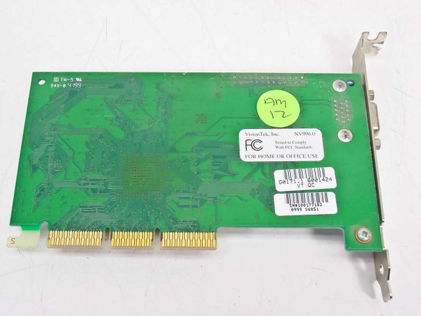 VisionTek NV996.0 Rev B AGP video card – solder side with FCC label confirming VisionTek Inc. NV996.0 and AGP edge connector