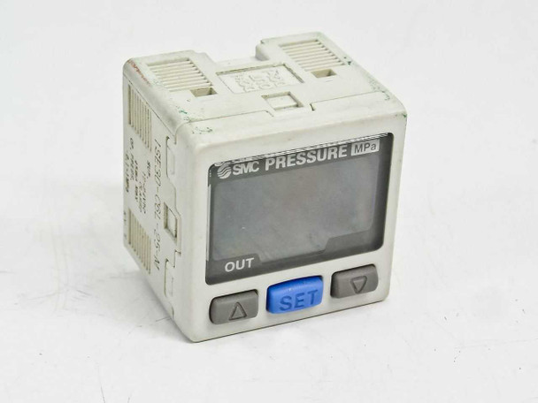 SMC ISE30-C6L-25-M Digital Pressure Switch – front panel showing LCD display, OUT indicator, SET button, and up/down navigation buttons