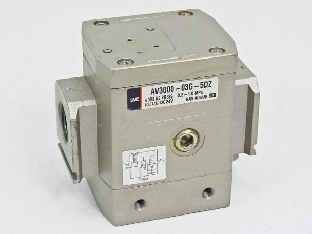 SMC AV3000-03G-5DZ soft start-up valve – front face view showing model label with DC24V and 0.2–1.0 MPa rating plate