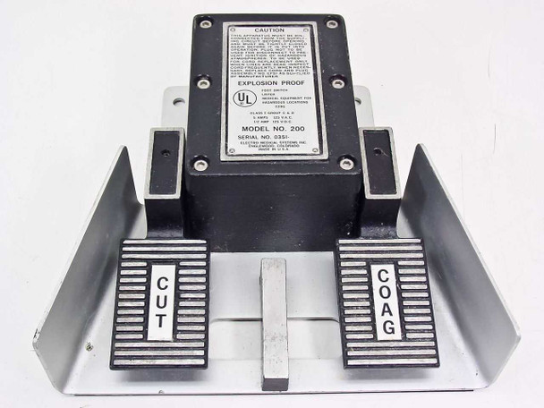 Electro Medical Systems Model 200 foot switch front face-on view showing CUT and COAG aluminum tread pedals and explosion-proof UL label on housing