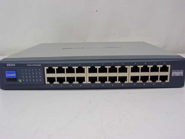 Linksys SR224 24-Port 10/100 Switch — straight-on front panel view showing all 24 RJ-45 ports and Cisco Systems branding