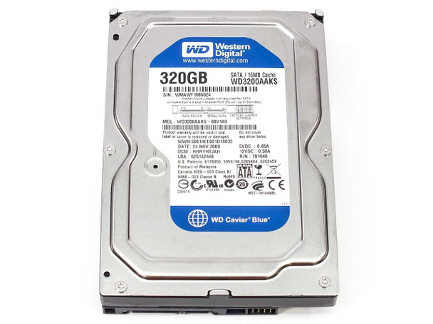 Western Digital WD3200AAKS Caviar Blue 320GB SATA 3.5 inch hard drive — top label view showing model and specs