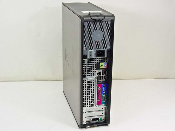 Dell OptiPlex 755 DT — rear-right angle view showing back panel with PS/2, USB, VGA, serial, parallel, and audio ports