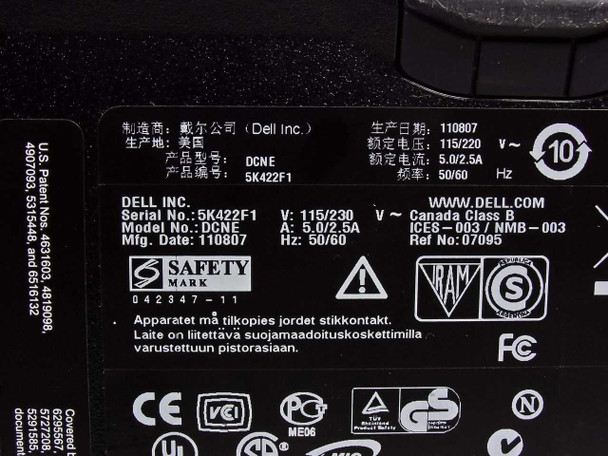 Dell OptiPlex 755 DT — rating plate label showing model DCNE, serial 5K422F1, 115/230V 5.0/2.5A 50/60Hz, manufacture date 110807