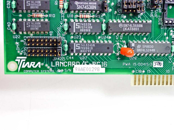 Tiara Lancard/E-PC 16 close-up of PCB silk-screen label showing 'TIARA LANCARD/E-PC 16', PWA 15-00415-3, and serial number 9AAE01298