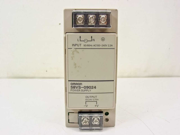 Omron S8VS-09024 power supply – front panel view showing input spec label: 50/60Hz AC100-240V 2.3A and output: DC24V 3.75A
