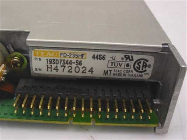 TEAC FD-235HF drive label close-up showing part number 19307344-56, serial number, UL/TUV/CSA certifications, and 34-pin connector