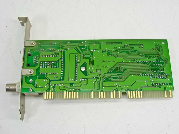Winbond 60-E2014AC-2 ISA network card PCB reverse side showing solder points and card slot bracket with BNC port