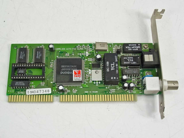 Winbond 60-E2014AC-2 16-bit ISA Ethernet NIC front view showing Winbond main controller IC, BNC coax connector, and ISA edge connector
