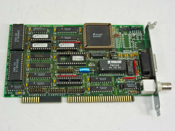 Artisoft 10282 Rev B 16-bit ISA Ethernet adapter card — top/component side showing main controller chip, BOOT EPROM, Valor PM7102 transformer, and populated PCB dated 1991