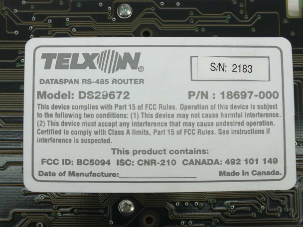 Telxon Dataspan RS-485 Router model DS29672 label showing P/N 18697-000, FCC ID BC5094, ISC CNR-210, Made in Canada, S/N 2183