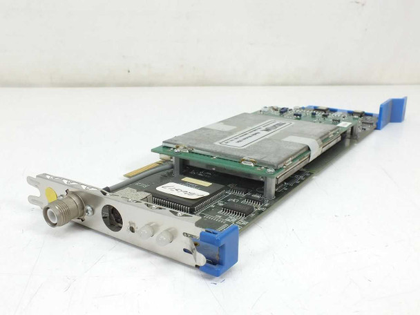 Telxon DS29672 Dataspan RS-485 Router MCA Card 18697-000 – angled front view showing faceplate with coaxial and port connectors and blue card ejector tabs