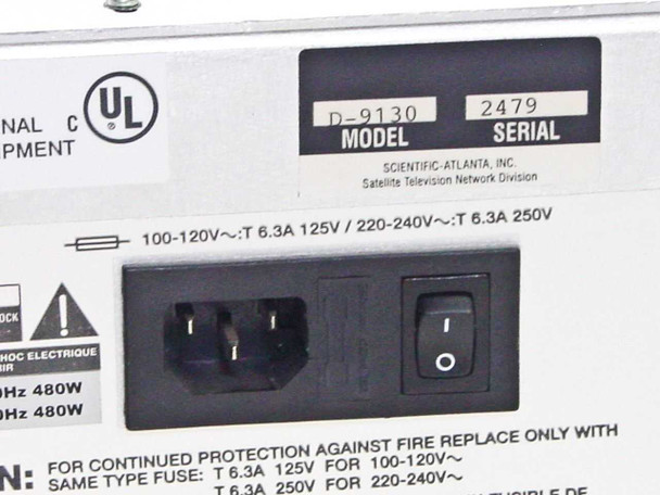 Scientific Atlanta D-9130 rear rating label showing Model D-9130, Serial 2479, 100-120V 6.3A / 220-240V 6.3A, 480W