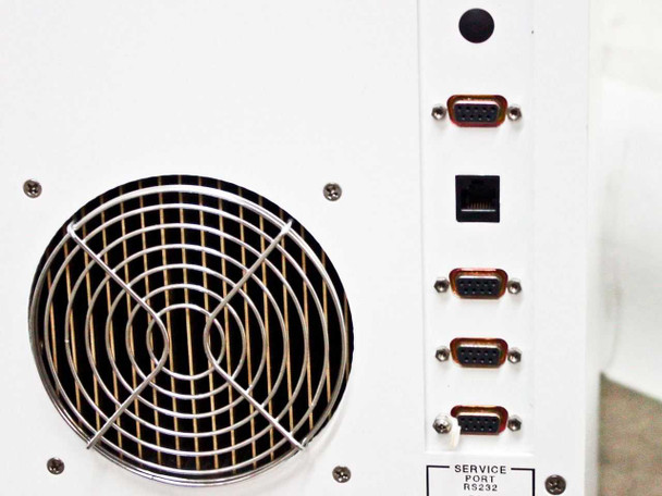 Dynatronix PMC 351/6-10-20XR — side panel close-up showing one large cooling fan, four DB9 RS-232 ports, and RJ45 Ethernet port labeled Service Port RS232