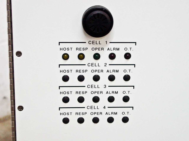 Dynatronix PMC 351/6-10-20XR — front panel indicator LEDs for Cell 1 through Cell 4, each with HOST, RESP, OPER, ALRM, and O.T. status indicators and black rotary knob
