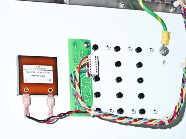 Dynatronix PMC 351/6-10-20XR — interior close-up of Projects Unlimited V-21 Slow Pulsing transformer module and adjacent green PCB with ribbon connector