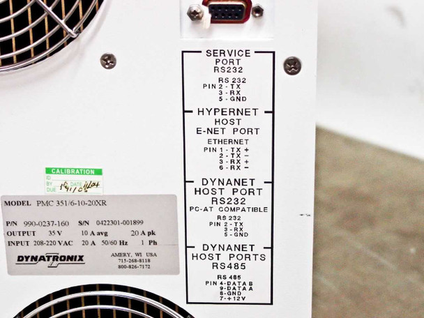 Dynatronix PMC 351/6-10-20XR — rear panel communication port label showing Service RS-232, Hypernet Ethernet, Dynanet RS-232, and Dynanet RS-485 pinouts with rating label
