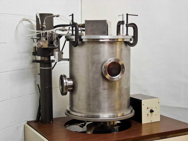 Ion Tech ID-3500 stainless steel 16x22 bell jar chamber on wood-topped cart with substrate rotation drive box and gas line fittings