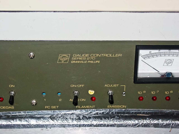 Close-up of Granville-Phillips Series 270 Gauge Controller front panel — showing ON, DEGAS, PC SET, FILAMENT, EMISSION controls and analog meter