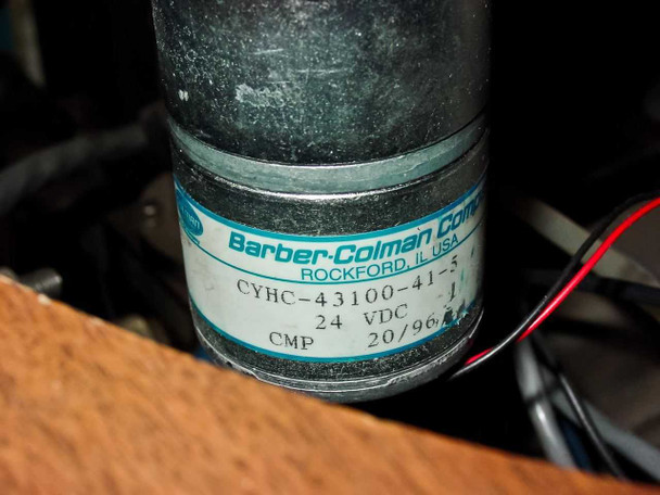 Close-up of Barber-Colman motor label: CYHC-43100-41-5, 24 VDC, CMP, 20/96 date code