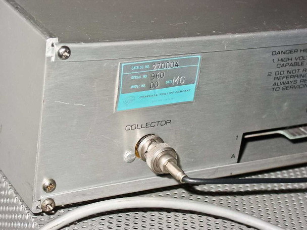 Close-up of Granville-Phillips Series 270 rear panel label: Catalog No. 270004, Serial No. 960, Model No. 00 MG, with BNC Collector connector