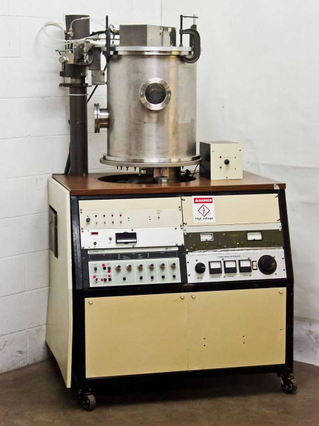 Ion Tech ID-3500 Ion Beam Coater full system view — stainless steel bell jar on cart with control panel showing ID-3500 Ion Beam Drive and Plasma Bridge Neutralizer