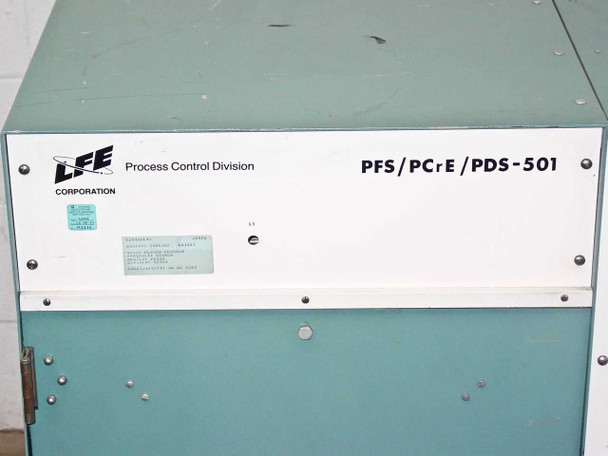 LFE Corporation PFS/PCrE/PDS-501 — close-up of upper front nameplate showing LFE Corporation Process Control Division branding and model number PFS/PCrE/PDS-501 with a data label (serial number area)
