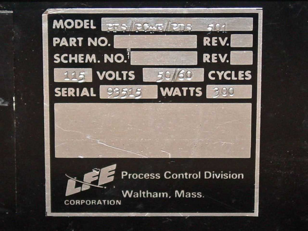 LFE PFS/PCrE/PDS-501 — close-up of rating plate showing: Model PFS/PCrE/PDS-501, 115 Volts, 50/60 Cycles, Serial 93515, Watts 300; LFE Corporation Process Control Division, Waltham Mass.