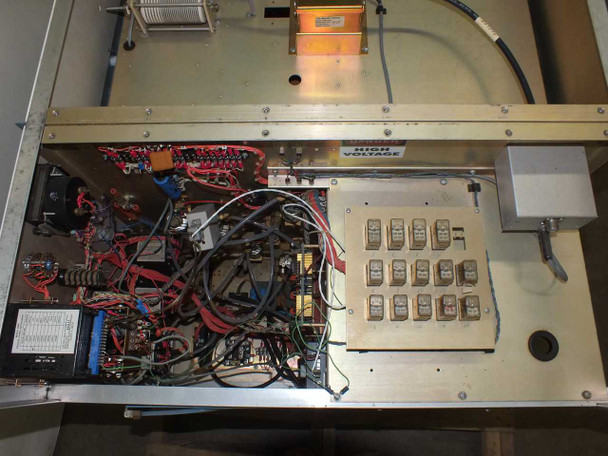 LFE PDS-501 — top interior access panel open showing HIGH VOLTAGE labeled section with dense wiring, relay board, additional relay array on right, and orange RF component module at top