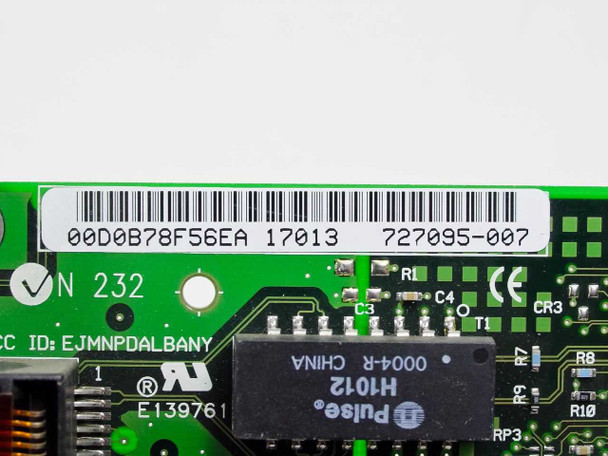 Intel 727095-007 NIC label close-up showing MAC address 00D0B78F56EA, date code 17013, and Pulse H1012 transformer chip