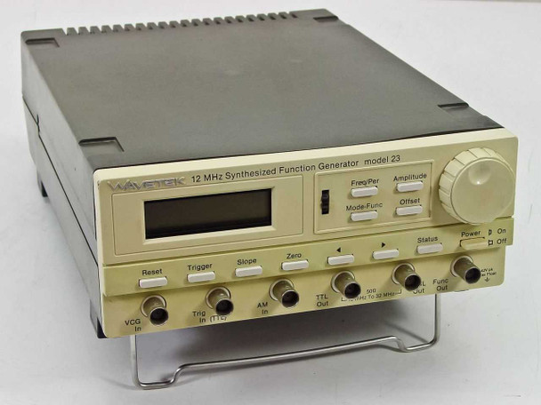 Wavetek Model 23 12MHz Synthesized Function Generator – front panel three-quarter view showing LCD display, controls, and output connectors