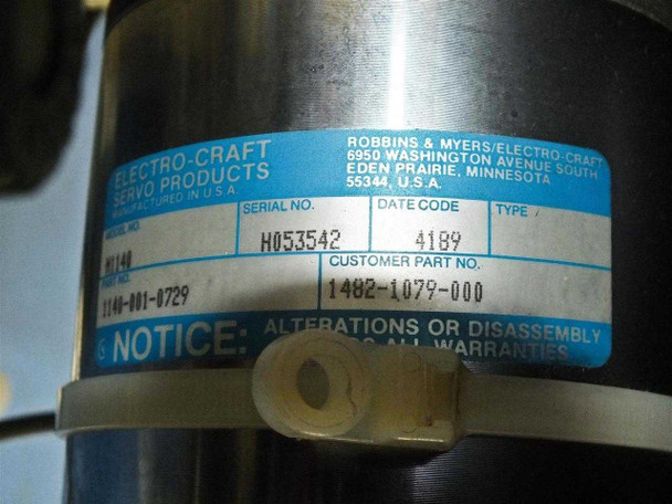 Electro-Craft servo motor label: model 1140, P/N 1140-001-0729, customer P/N 1482-1079-000, serial H053542, date code 4189