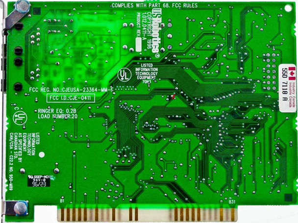 US Robotics 33.6K ISA Winmodem 00112503 — PCB back side showing FCC Part 68 compliance markings, UL listing, FCC Reg No. CJEUSA-23364-MM-F, and copyright 1996