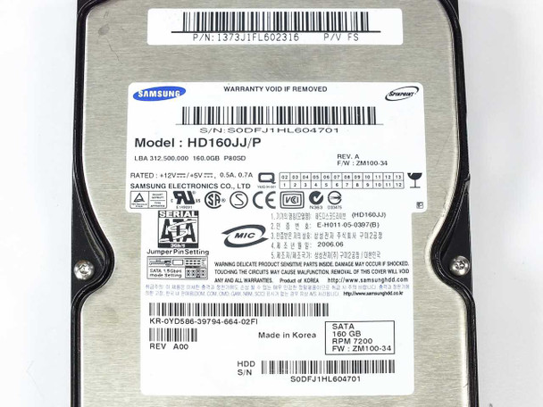 Samsung HD160JJ/P 160GB HDD — top label close-up showing firmware ZM100-34, Rev A, SATA interface, and Dell part number KR-0YD586