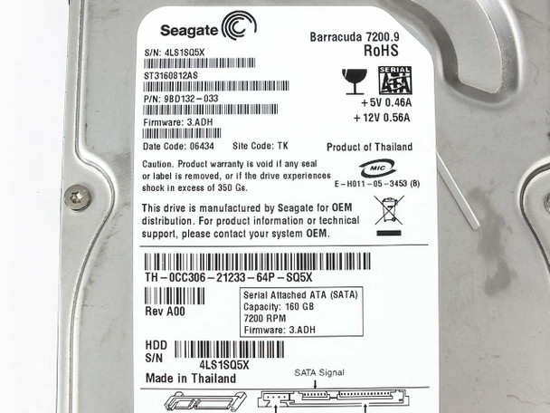 Seagate ST3160812AS label close-up showing serial number, P/N 9BD132-033, Dell TH-0CC306 tag, capacity 160GB, 7200RPM, firmware 3.ADH