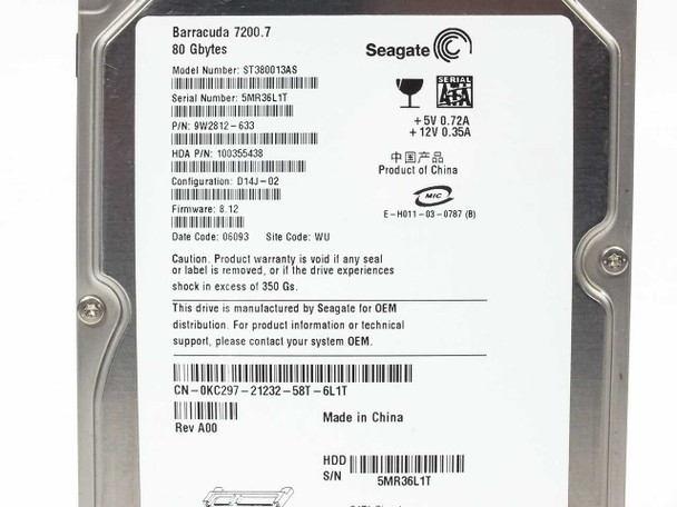 Seagate Barracuda 7200.7 ST380013AS label close-up showing model ST380013AS, P/N 9W2812-633, HDA P/N 100355438, firmware 8.12, and Dell CN-0KC297 markings