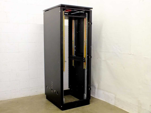 37U 19-inch black rackmount server cabinet enclosure with no door, front-left angle view showing open interior and side panels