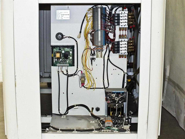 BF-200 right electrical cabinet interior with control board, wiring harness, pneumatic solenoid valve bank, and terminal strip panel
