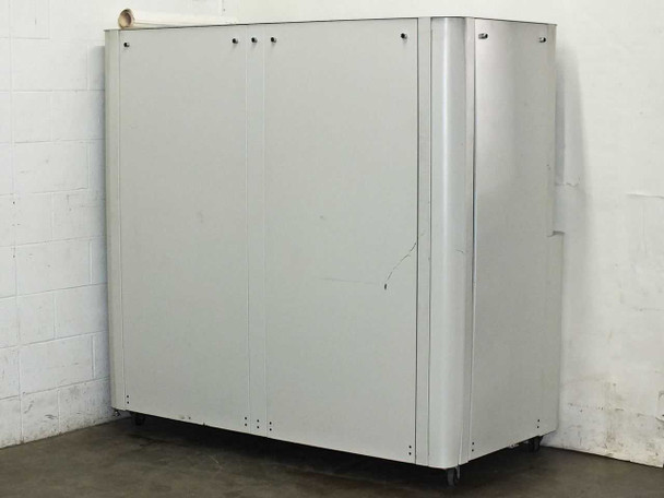 BF-200 rear exterior panel view showing full-height grey cabinet with light scuffing and scratch on rear surface