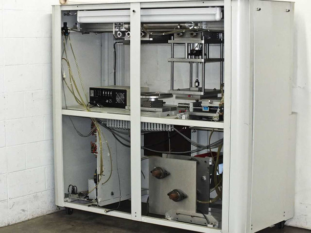 BF-200 with side panels removed showing full internal layout – upper framing/transport mechanism, lower reel drive assembly, and electrical cabinet compartments