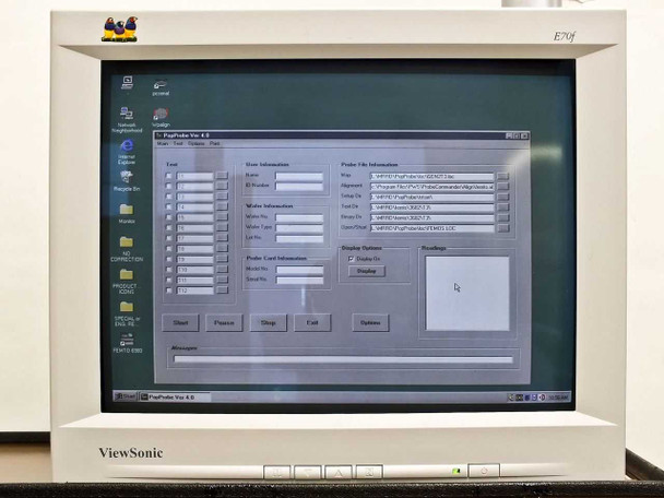 ViewSonic E70f 17-inch CRT monitor displaying PWS Probe II Ver 4.0 software interface on Windows NT 4.0 desktop