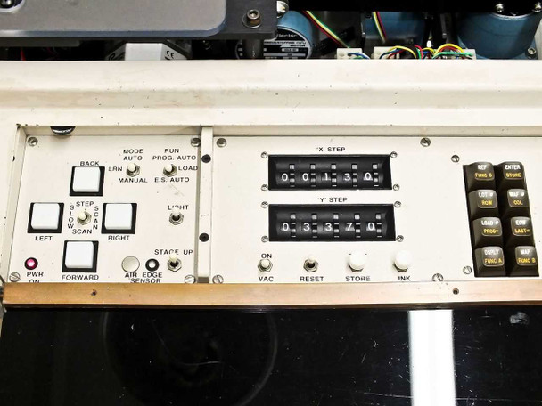 P5NMS main operator control panel showing X Step and Y Step mechanical counters, Mode/Run/Auto switches, PWR, directional buttons, VAC, RESET, STORE controls