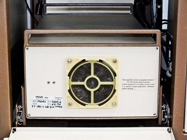 Rear panel of P5NMS base cabinet showing large cooling fan, PWS Inc label with model P5DMS and SKU 5045, and copyright notice