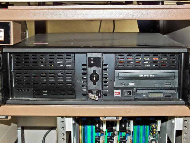 3U rackmount PC enclosure included with P5NMS system showing front panel with CD-Writer optical drive and floppy drive bay