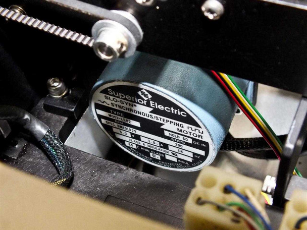 Superior Electric SLO-SYN synchronous stepping motor label visible inside P5NMS stage showing motor specifications